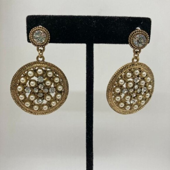 Victorian Set Simulated Pearl Choker 16" Necklace Pierced Earrings Rhinestone - Picture 9 of 16